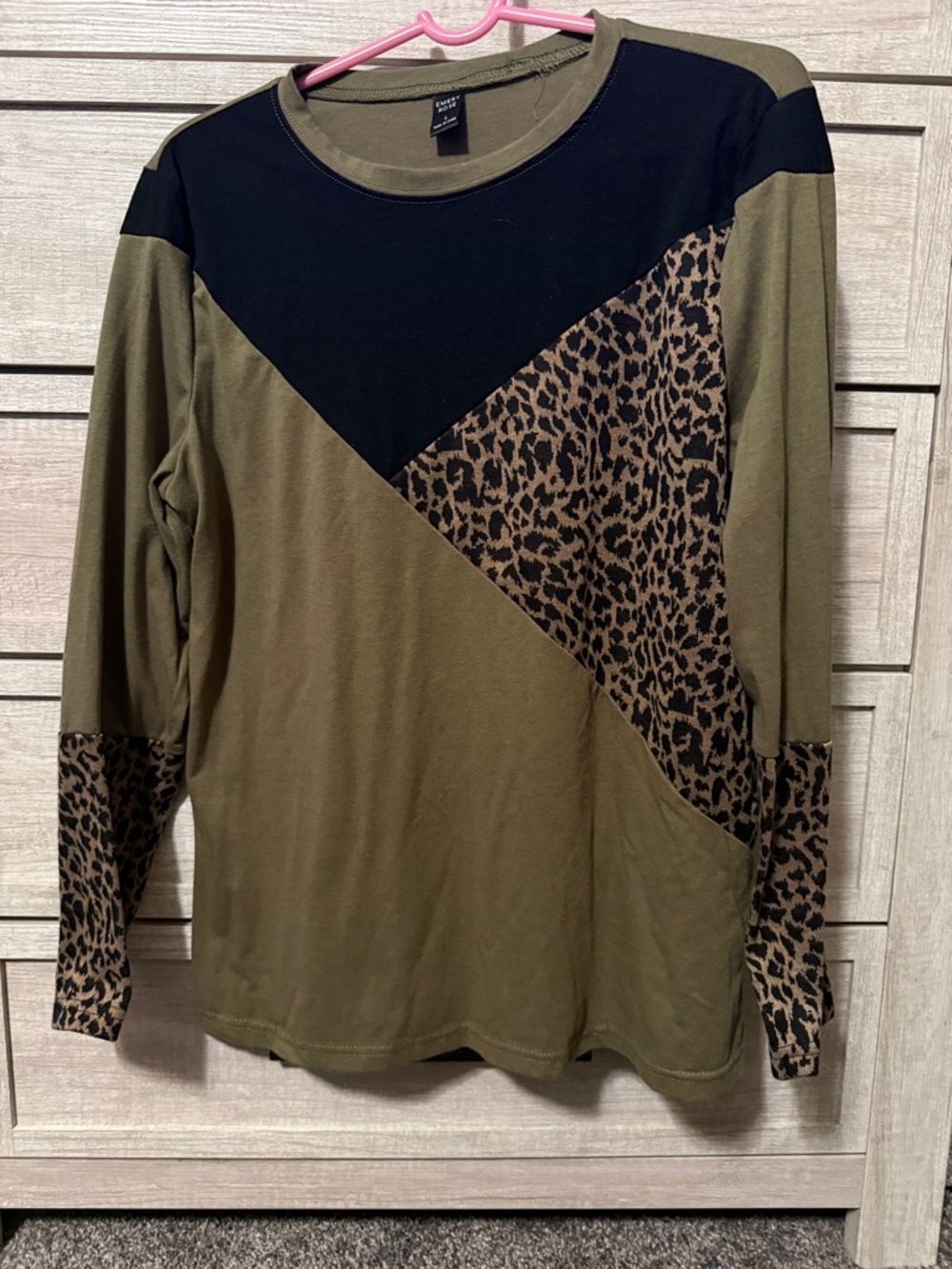 Olive Long Sleeve Tee with Black & Leopard Panel
